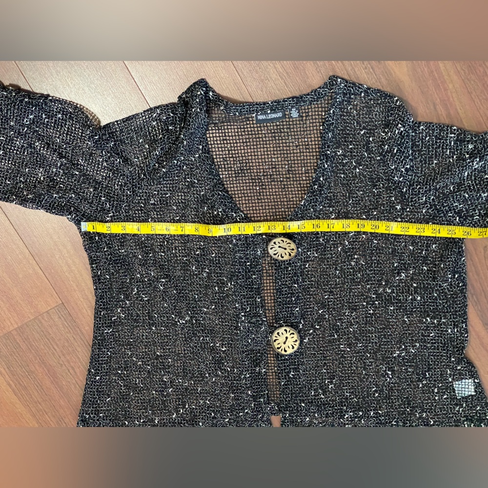 Nina Leonard black mesh cardigan with two large coconut buttons Sz 2X - Picture 5 of 8